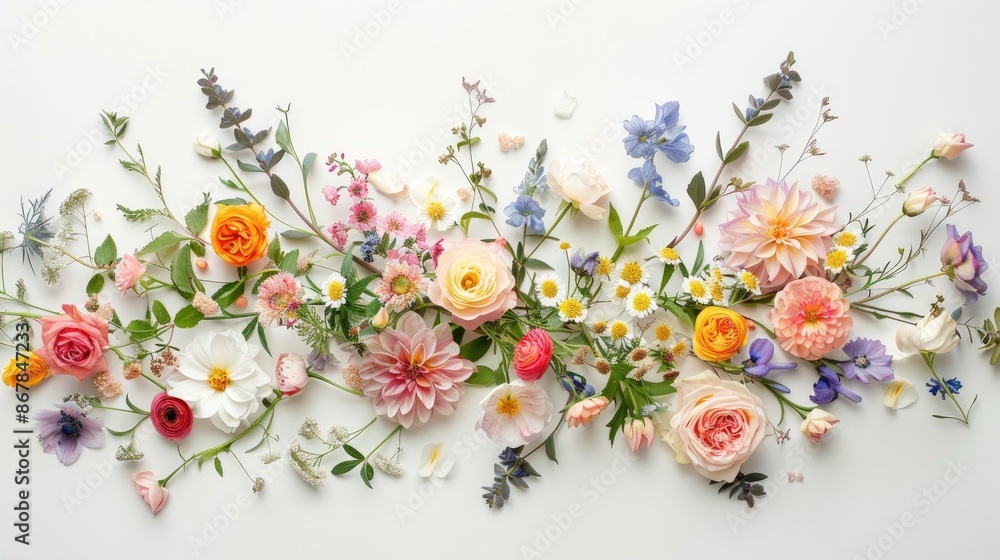 Obraz premium Top view of a lovely flower arrangement on a white backdrop