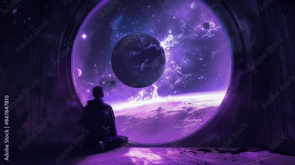 Silhouette of a Man Gazing at a Cosmic Landscape - space, cosmos, window, nebula, planet, silhouette, man, galaxy, stars, cosmic Silhouette of a Man Gazing at a Cosmic Landscape - space, cosmos, window, nebula, planet, silhouette, man, galaxy, stars, cosmic