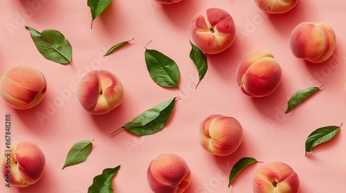 An aesthetically pleasing image of fresh peaches with green leaves scattered on a pink background, creating a visually appealing and vibrant display.