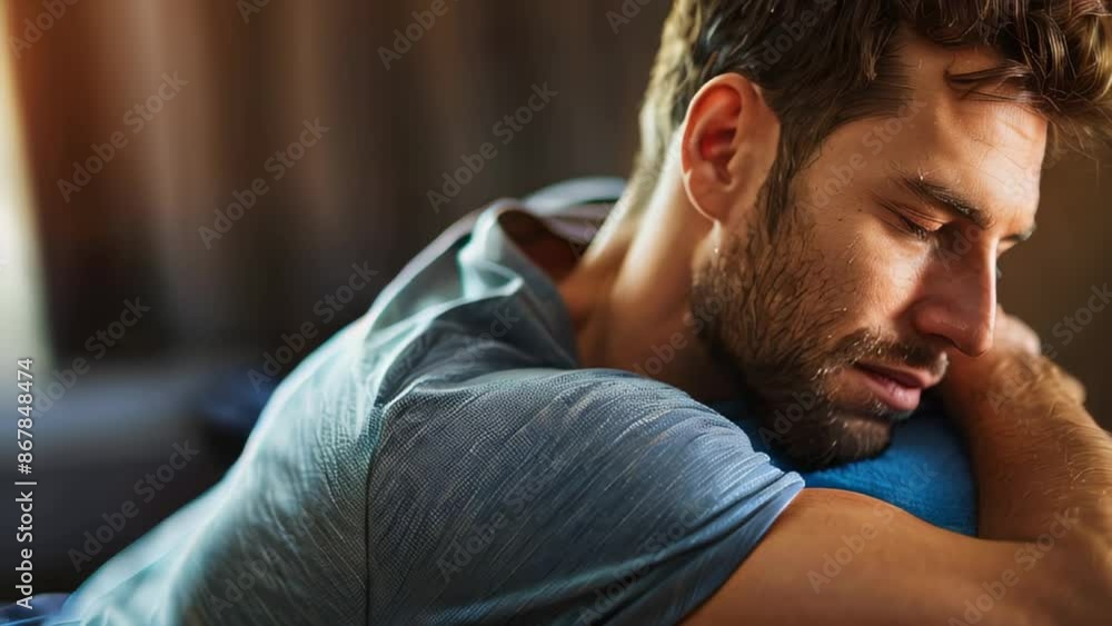 Relaxed man resting on soft pillow indoors Relaxed man resting on soft pillow indoors