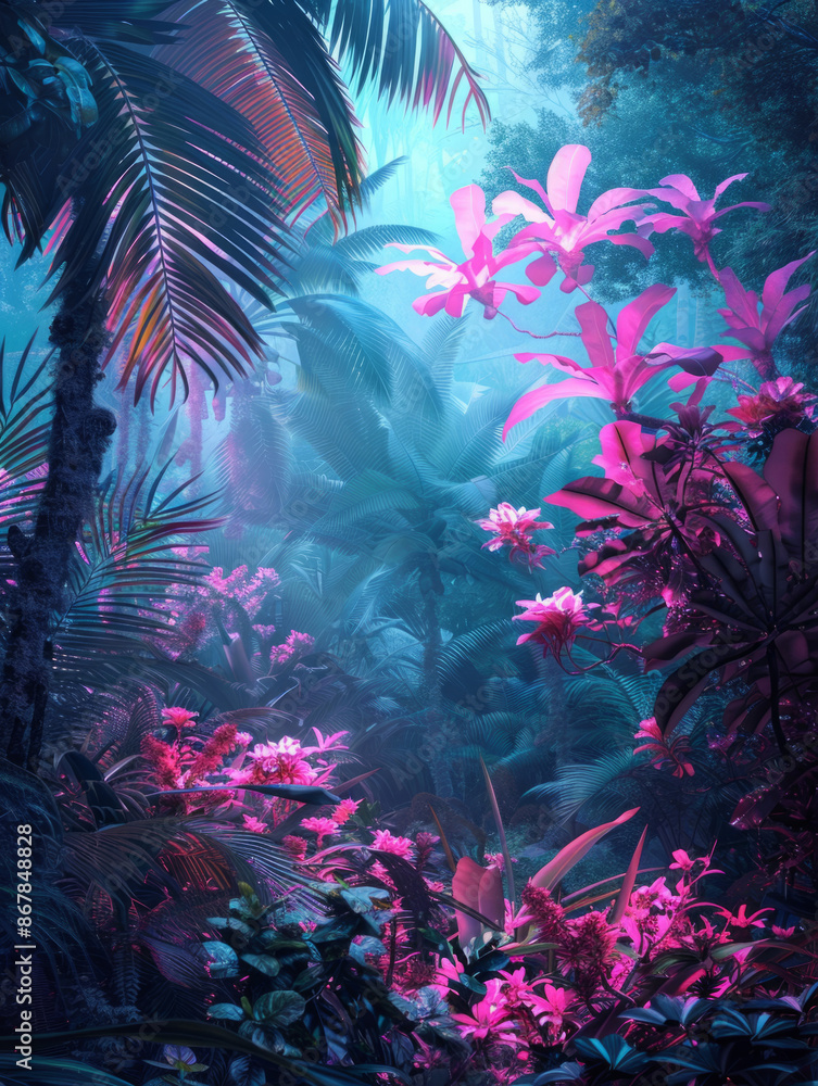 Tropical Rainforest in a Blue and Pink Hue - rainforest, tropical, jungle, palm, trees, foliage, flowers, blue, pink, vibrant Tropical Rainforest in a Blue and Pink Hue - rainforest, tropical, jungle, palm, trees, foliage, flowers, blue, pink, vibrant