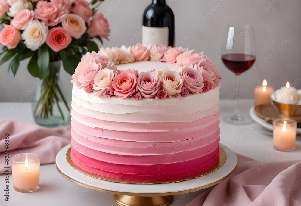 A pink ombre frosted cake with fresh flowers on top, placed on a table with a glass of wine and other decorative elements, roses, flowers, champagne, wine, candles, gold forks A pink ombre frosted cake with fresh flowers on top, placed on a table with a glass of wine and other decorative elements, roses, flowers, champagne, wine, candles, gold forks