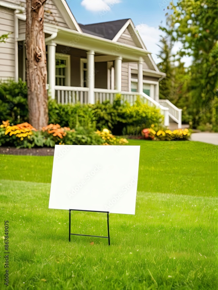 Mock up White blank sign placed on green lawn in front of a cozy house ...