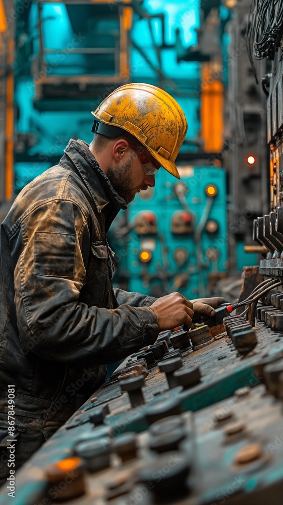 An employee with a safety helmet examines how the outdated device works using a remote control. An employee with a safety helmet examines how the outdated device works using a remote control.