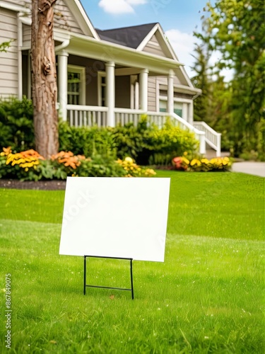 Mock up White blank sign placed on green lawn in front of a cozy house with a porch in a landscaped garden.
