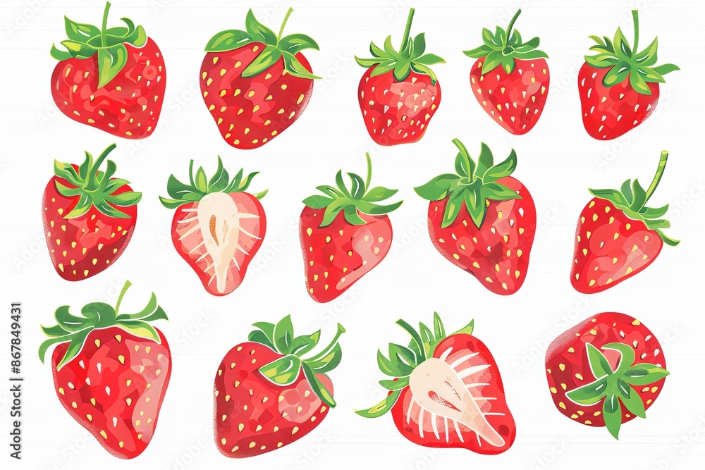 A digital illustration featuring 16 red strawberries with green leaves, showcasing different perspectives of the fruit, including whole and sliced, against a white background. Generative AI A digital illustration featuring 16 red strawberries with green leaves, showcasing different perspectives of the fruit, including whole and sliced, against a white background. Generative AI