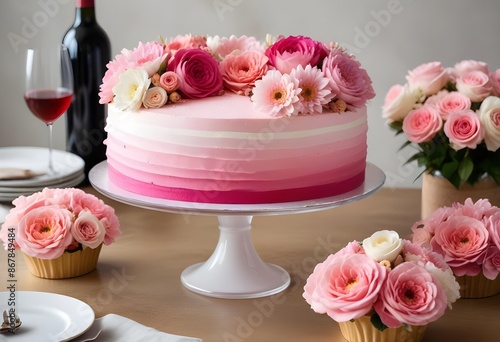 A pink ombre frosted cake with fresh flowers on top, placed on a table with a glass of wine and other decorative elements, roses, flowers, champagne, wine, candles, gold forks © Lied