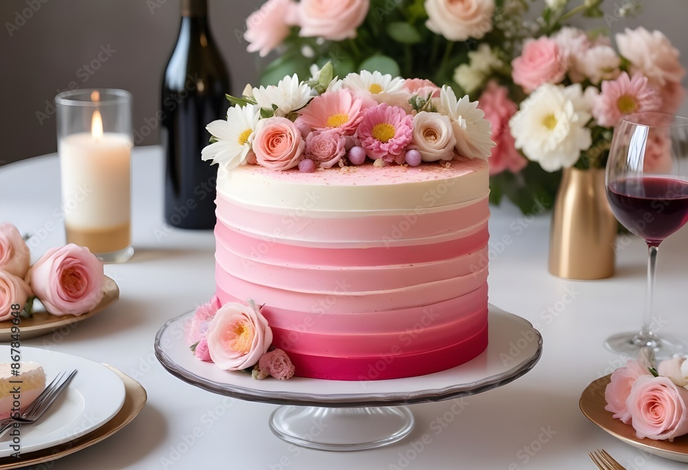 A pink ombre frosted cake with fresh flowers on top, placed on a table with a glass of wine and other decorative elements, roses, flowers, champagne, wine, candles, gold forks A pink ombre frosted cake with fresh flowers on top, placed on a table with a glass of wine and other decorative elements, roses, flowers, champagne, wine, candles, gold forks