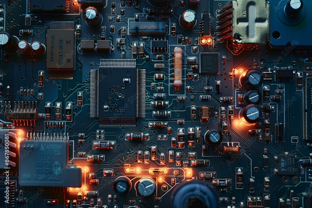 A close-up image of a detailed electronic circuit board with various components such as microchips, resistors, and capacitors, illuminated by small orange lights. A close-up image of a detailed electronic circuit board with various components such as microchips, resistors, and capacitors, illuminated by small orange lights.