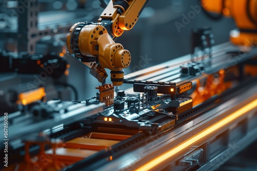 A close-up view of an industrial robotic arm assembling electronic components on a circuit board, highlighting advanced automation and precision technology. © capuchino009