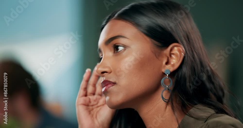 Frustrated woman, hands and nervous with headache in stress, anticipation or waiting under pressure at office. Closeup of female person feeling anxiety, worried or tense for results, news or feedback