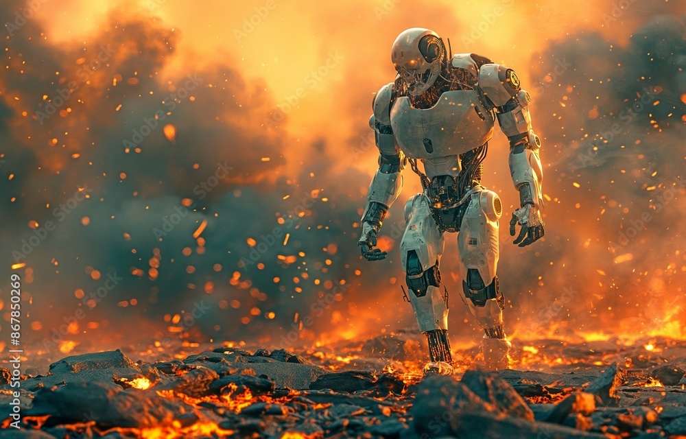 Fototapeta premium Walking on a blazing background of war and catastrophe is a military cyber robot.