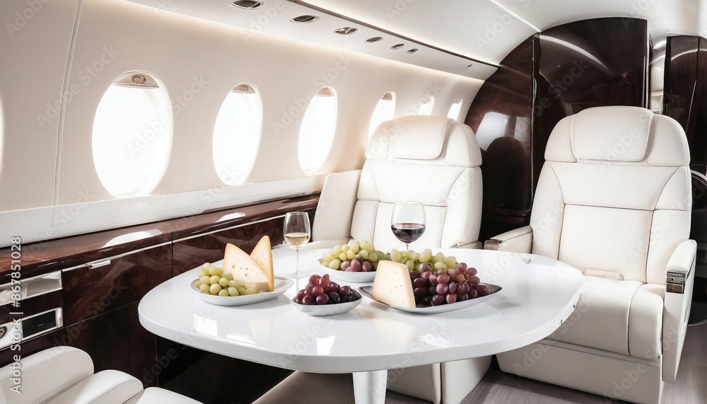 The inside of a private jet features luxurious design and glossy furnishings.
The inside of a private jet features luxurious design and glossy furnishings.
