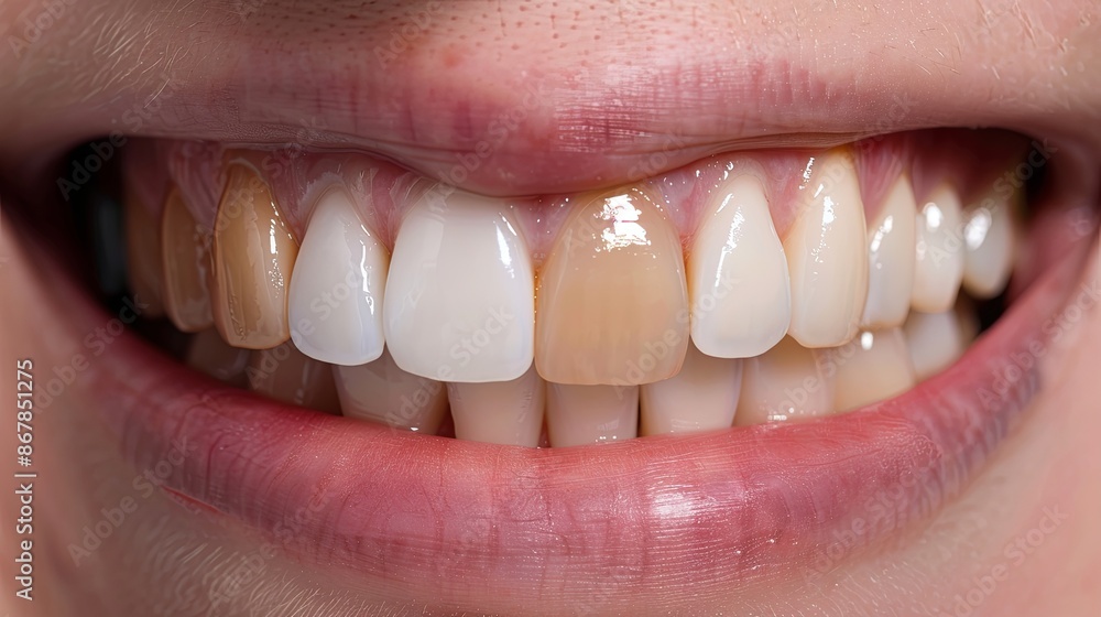 Fototapeta premium A close-up image of a persons teeth, highlighting one discolored tooth. Generative AI