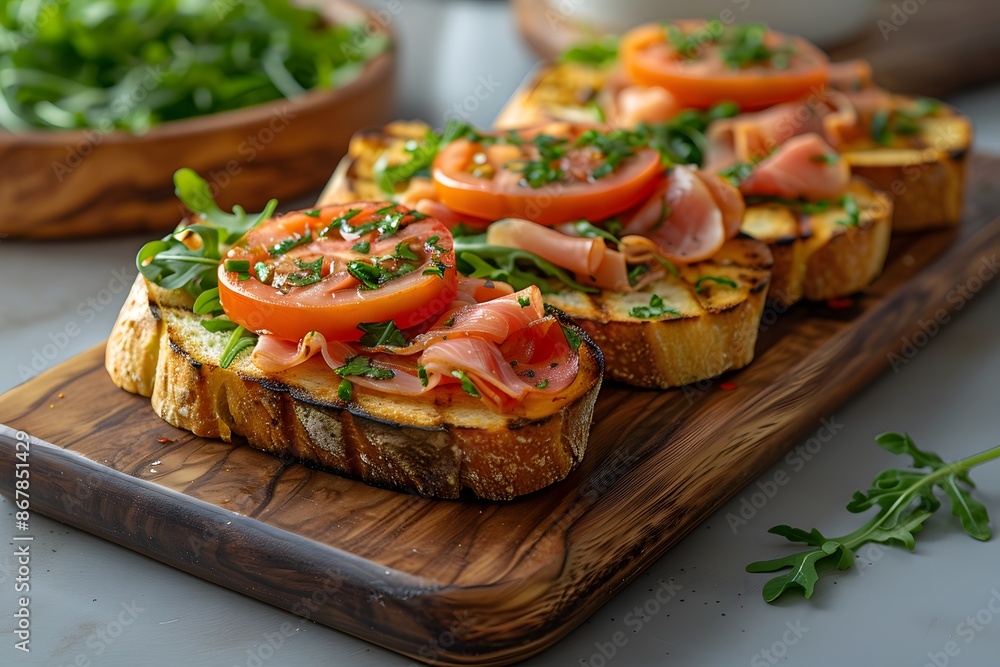 Delicious Bruschetta with Fresh Tomatoes, Prosciutto, and Arugula on Wooden Board - Ideal for Recipe Cards, Cookbooks, and Food Blogs Delicious Bruschetta with Fresh Tomatoes, Prosciutto, and Arugula on Wooden Board - Ideal for Recipe Cards, Cookbooks, and Food Blogs