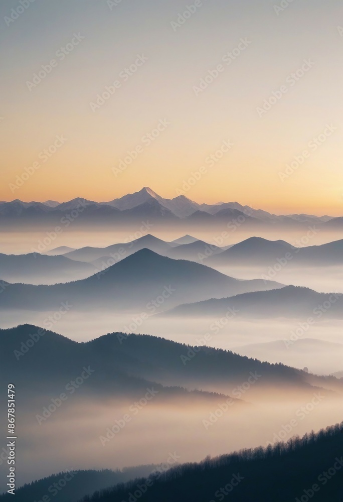 Obraz premium mountain layers and sunrise view in cold and foggy weather. 
