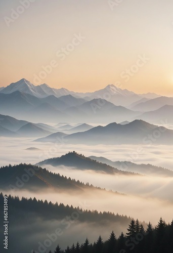 mountain layers and sunrise view in cold and foggy weather. 