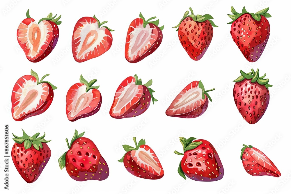 A digital illustration of 18 strawberries, showing various angles and a mixture of whole and halved fruit. Generative AI A digital illustration of 18 strawberries, showing various angles and a mixture of whole and halved fruit. Generative AI