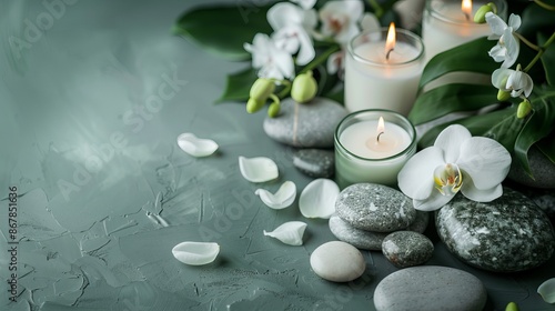 A serene spa setting with burning candles, white orchids, and smooth stones, radiating an atmosphere of calmness, relaxation, and wellness in a minimalist environment.