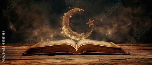 abstract open korah book featuring the crescent and star of Islam photo