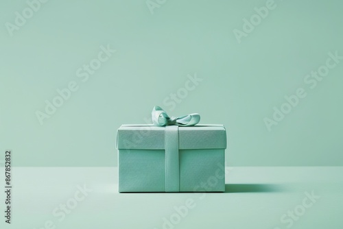 A sleak gift box elegantly wrapped in light green paper and matched with a ribbon bow, resting on a green surface. photo