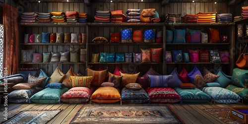 A vibrant and inviting display of chunri cushions and home decor items. photo