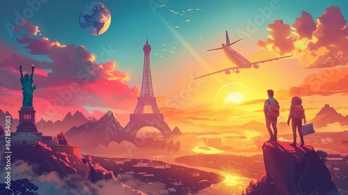 A vibrant, fantasy landscape merging iconic world landmarks like the Eiffel Tower and Statue of Liberty, evoking adventure and cultural exploration. photo