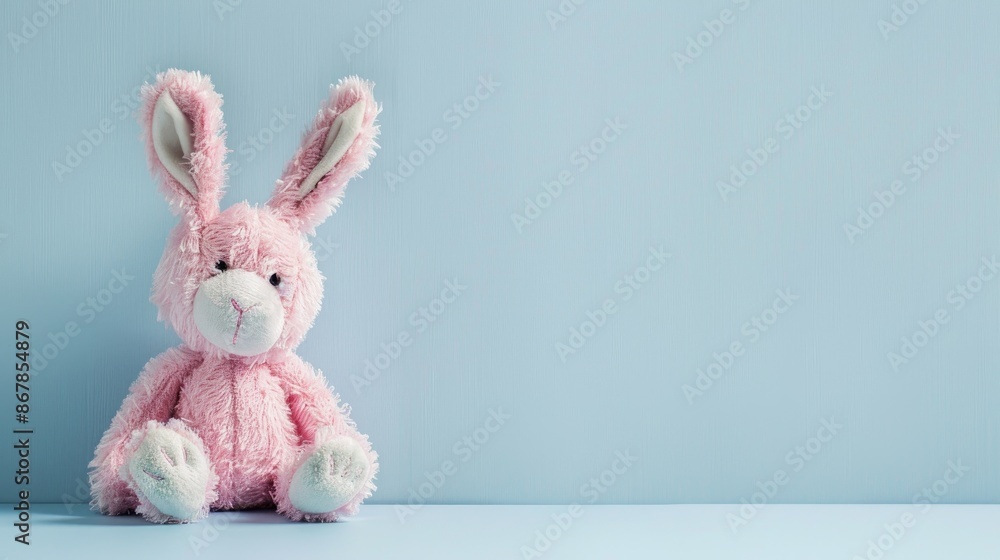 Pink bunny doll on the blue white background with empty space Pink bunny doll on the blue white background with empty space