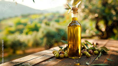 Olive oil bottle on top quality wooden table, several olives on the table, professional advertising photo, Italian olive garden photo