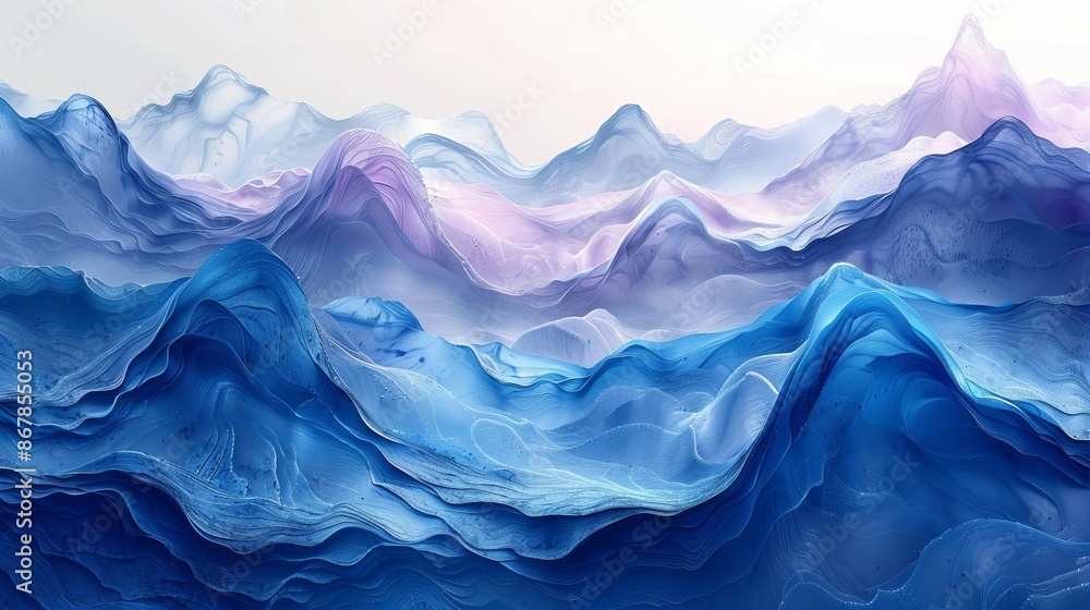 Abstract digital art of undulating blue and purple waves resembling mountains Abstract digital art of undulating blue and purple waves resembling mountains