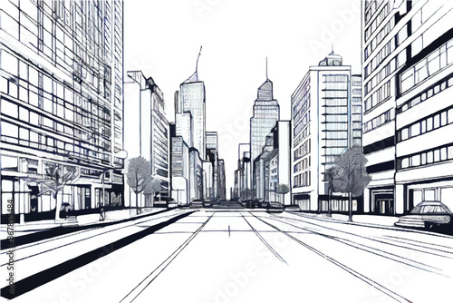 City line art. City graphic black white cityscape skyline sketch illustration vector.  Urban landscape in monochrome line art style. Cityscape line art illustration. © Usama