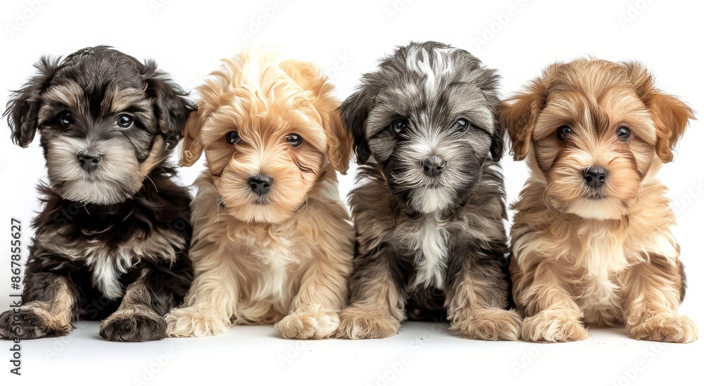 Five Adorable Puppy Dog Portraits Sitting In a Row Against a White Background Five Adorable Puppy Dog Portraits Sitting In a Row Against a White Background