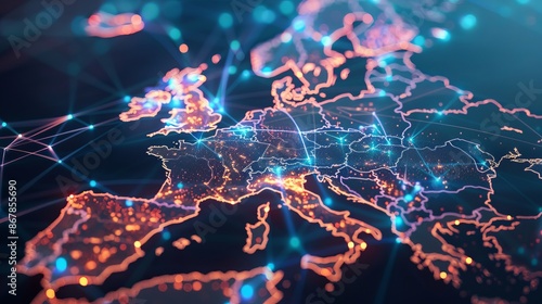 This digital artwork displays a map of Europe illuminated with glowing networks, symbolizing data connections and communication across the continent by night. photo