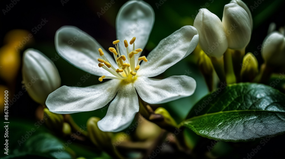 Fototapeta premium A close up of a white flower with a yellow center. The flower is surrounded by green leaves