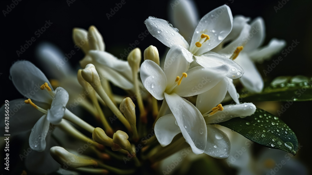 Fototapeta premium A close up of a white flower with a yellow center. The flower is surrounded by green leaves