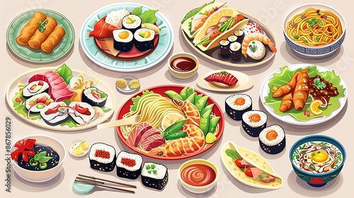 Vector illustration of different types of cuisine around world Italian pasta Japanese sushi Mexican tacos Indian curry dishes ingredients culinary traditions ideal food culture blogs culinary websites