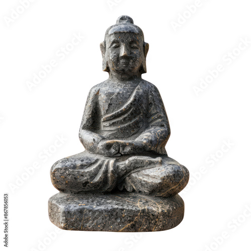 Stone Buddha statue in a meditative pose, isolated on a white background, symbolizing peace and spirituality. © BoOm