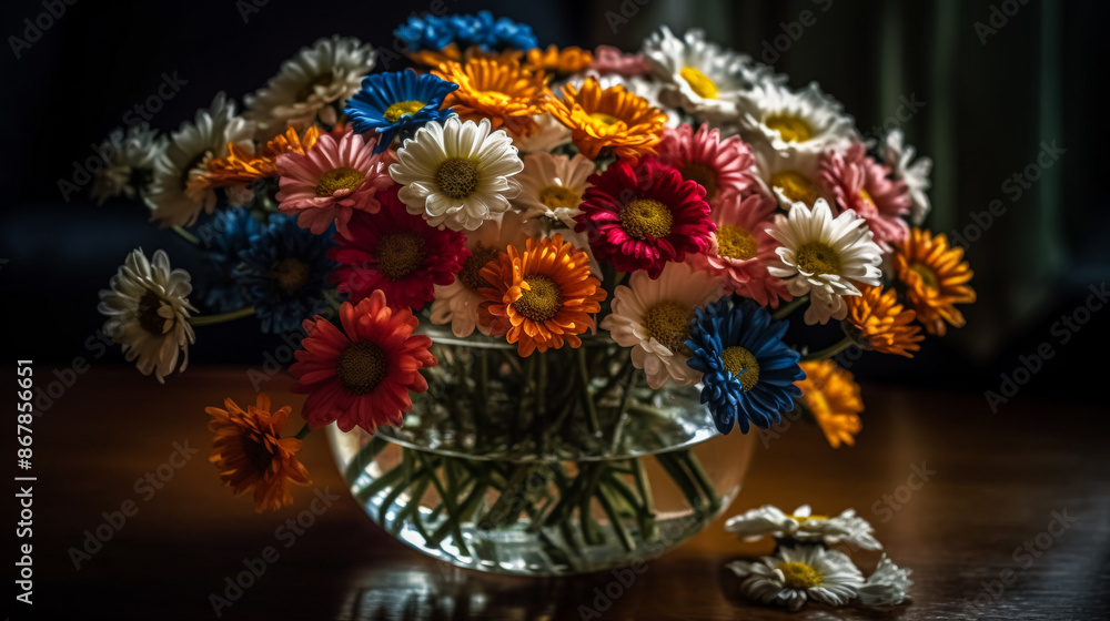 Fototapeta premium A vase of colorful flowers sits on a table. The flowers are arranged in a way that creates a sense of harmony and balance. The colors of the flowers are bright and cheerful