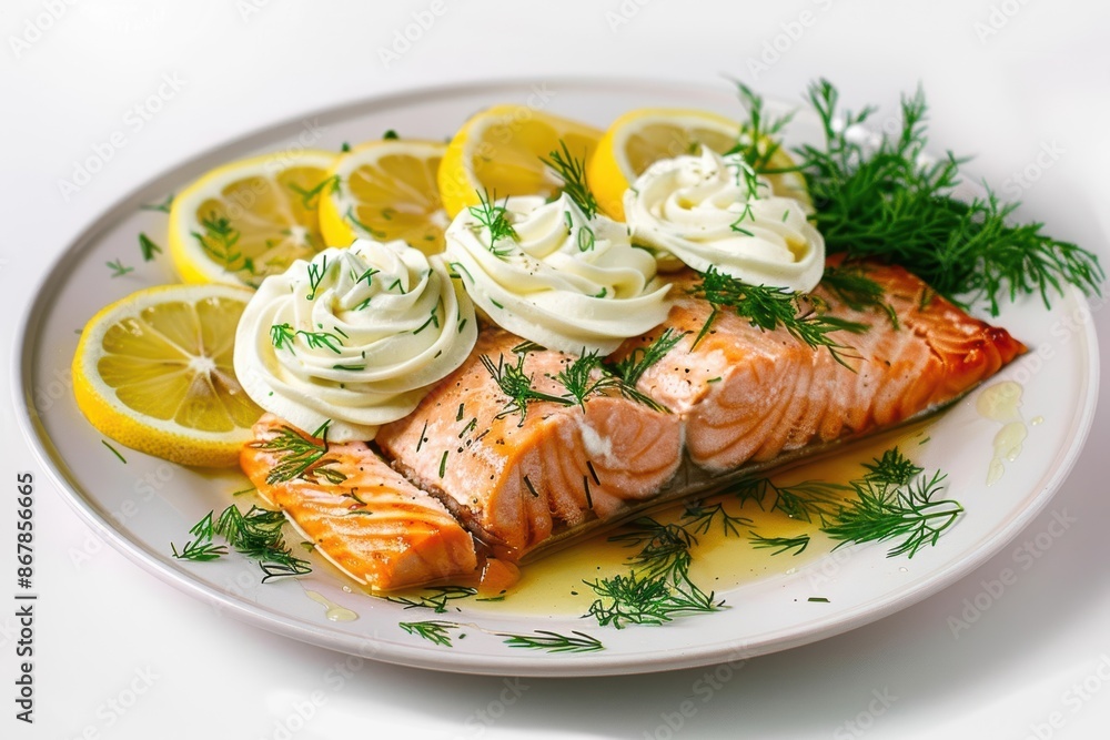 Chardonnay Poached Salmon with Dill Dijon Cream and Lemon Garnish Chardonnay Poached Salmon with Dill Dijon Cream and Lemon Garnish