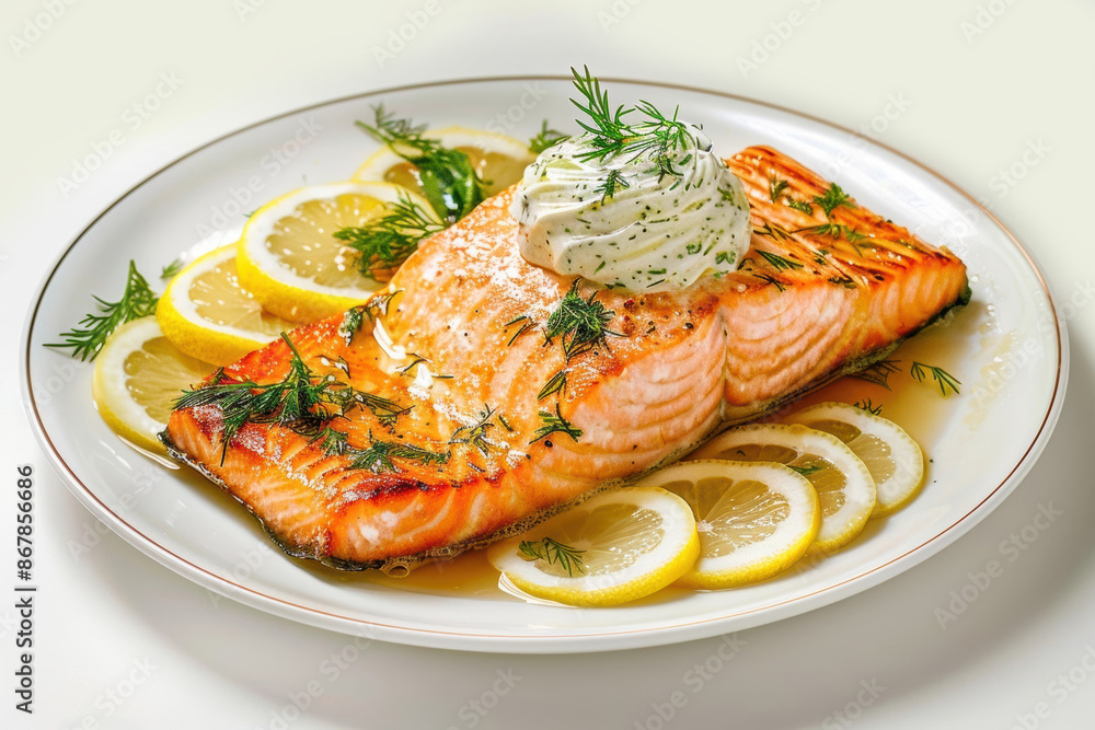 Chardonnay Poached Salmon with Dill Dijon Whipped Cream and Lemon Wedge Chardonnay Poached Salmon with Dill Dijon Whipped Cream and Lemon Wedge