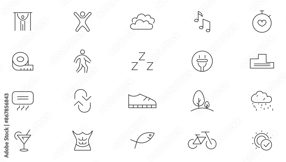 Fototapeta premium Healthy lifestyle line icons collection. Wellness, fitness, diet, nutrition, daily routine, scales, bicycle, hiking, organic food, nutrition, running and jogging icon set. UI thin outline icons pack