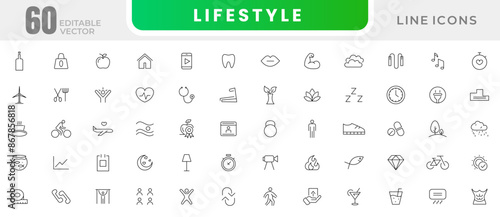 Healthy lifestyle line icons collection. Wellness, fitness, diet, nutrition, daily routine, scales, bicycle, hiking, organic food, nutrition, running and jogging icon set. UI thin outline icons pack