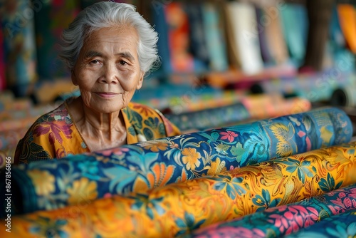 An elderly artisan surrounded by vibrant batik fabrics in her workshop