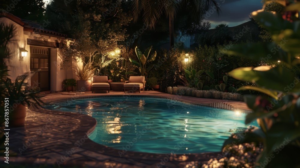 Fototapeta premium A cozy backyard pool at dusk