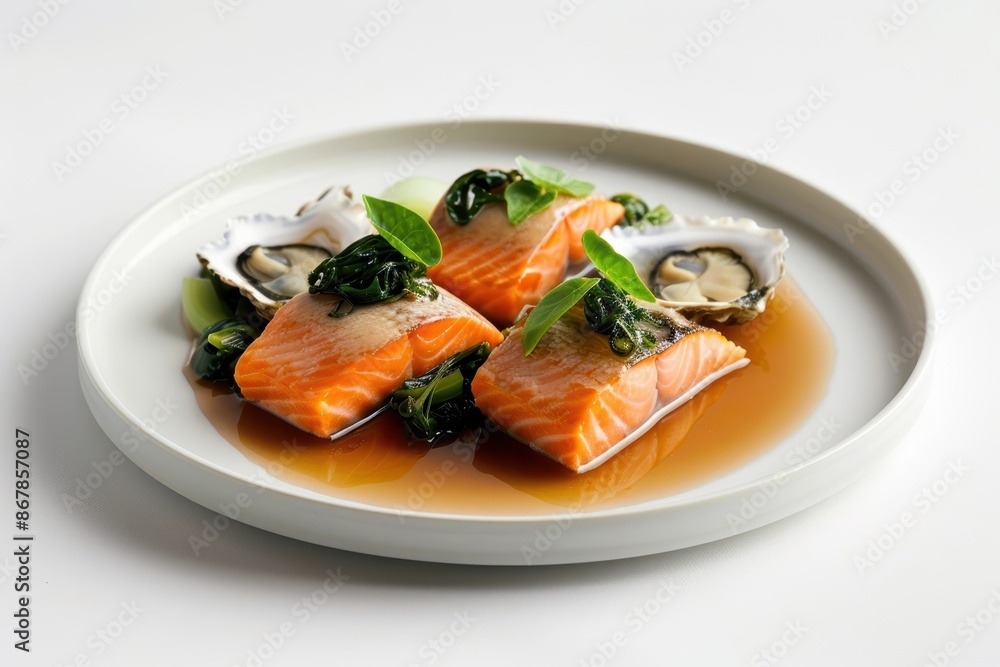 Beautifully Plated Salmon and Oysters with Ginger-Shiso-Mirin Broth Beautifully Plated Salmon and Oysters with Ginger-Shiso-Mirin Broth