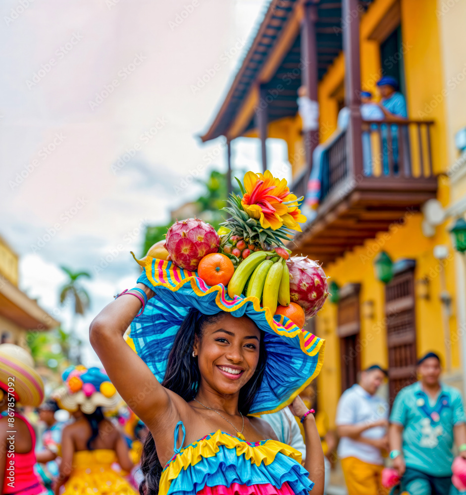© OLHA - Woman in blue dress and bunch of fruit on her head. © OLHA - Woman in blue dress and bunch of fruit on her head.