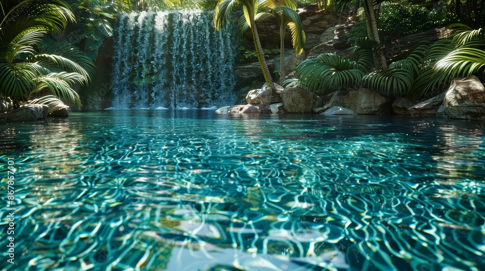 A crystal-clear pool with a waterfall feature A crystal-clear pool with a waterfall feature