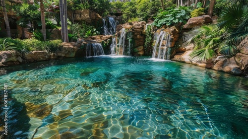 A crystal-clear pool with a waterfall feature