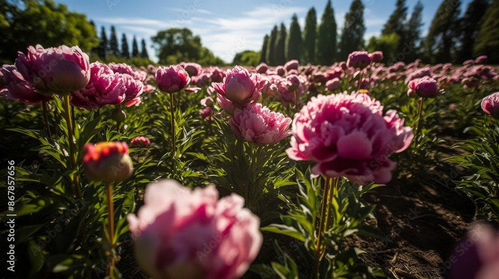 A field of pink peonies with a clear blue sky in the background. The flowers are in full bloom and are scattered throughout the field. Scene is peaceful and serene, as the flowers are the main focus A field of pink peonies with a clear blue sky in the background. The flowers are in full bloom and are scattered throughout the field. Scene is peaceful and serene, as the flowers are the main focus