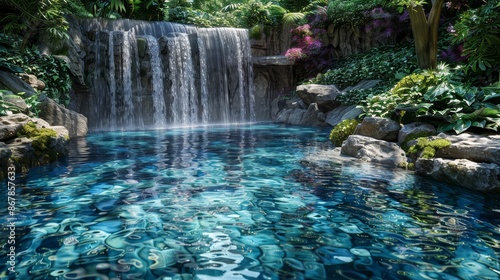 A crystal-clear pool with a waterfall feature